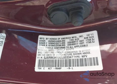 2012 Honda Cr-V Ex-L from USA, damaged, VIN 5J6RM3H72CL003347